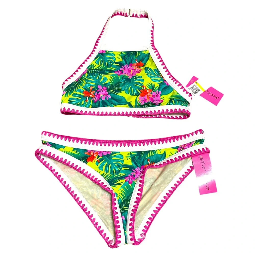 Betsey Johnson Womens M/L Bikini Set Green Pink Tropical Floral Embroidered Swim